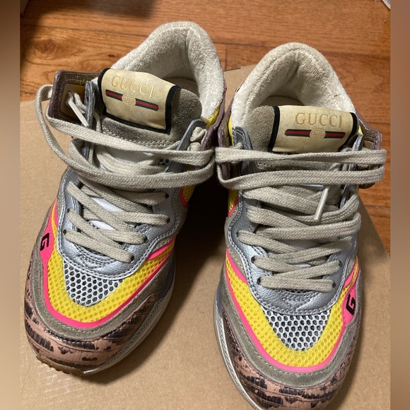 Gucci Ultrapace Sneakers Pink Multi Leather Metallic Reptile Snake Print Sz 34.5 - Picture 2 of 11